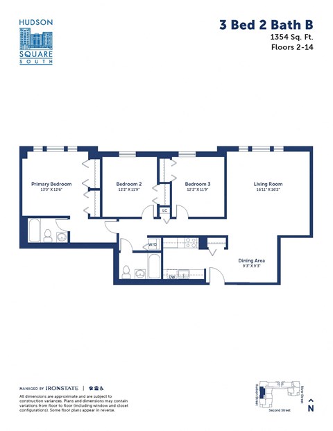 Floor plan for 3 beds, 2 baths, 1354 sqft